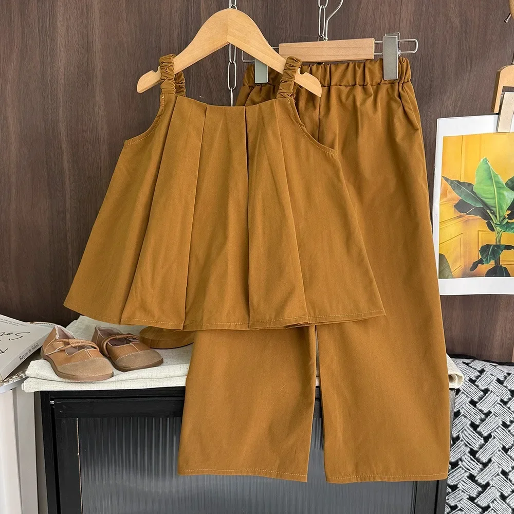 Bear Leader Khaki Girls\' Set Summer New Pleated Camisole Top + Casual Pants 2Pcs Korean Version Solid Color Children\'s Clothing