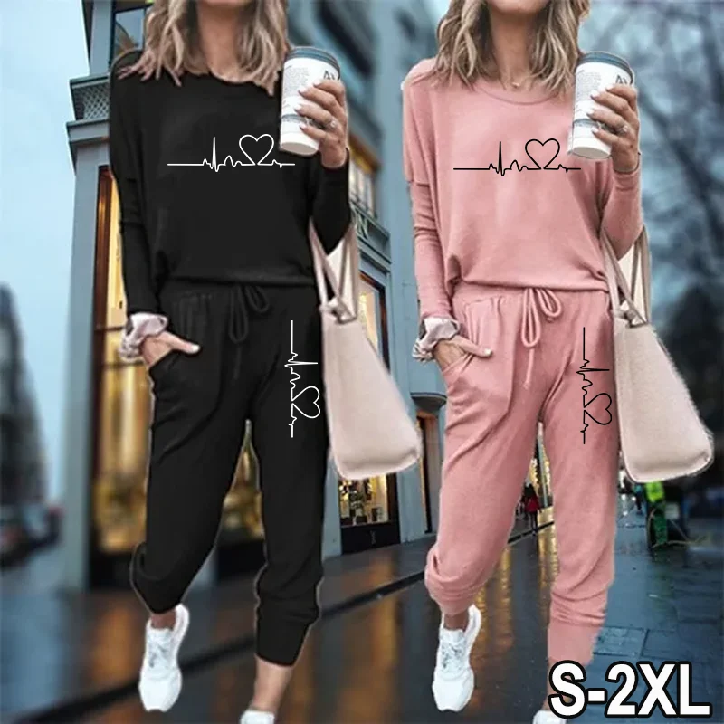 

New Women Electrocardiographic printing Casual Tracksuits 2 Piece Sports Outfits Long Sleeve Tops and Slim Fit Long Pants Suit