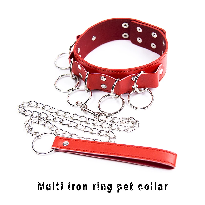 

Fetishistic Slave Role-Playing BDSM Bound Leather Neck Sleeve Multiple Iron Rings Pet Training Props Sexy Shop Accessories