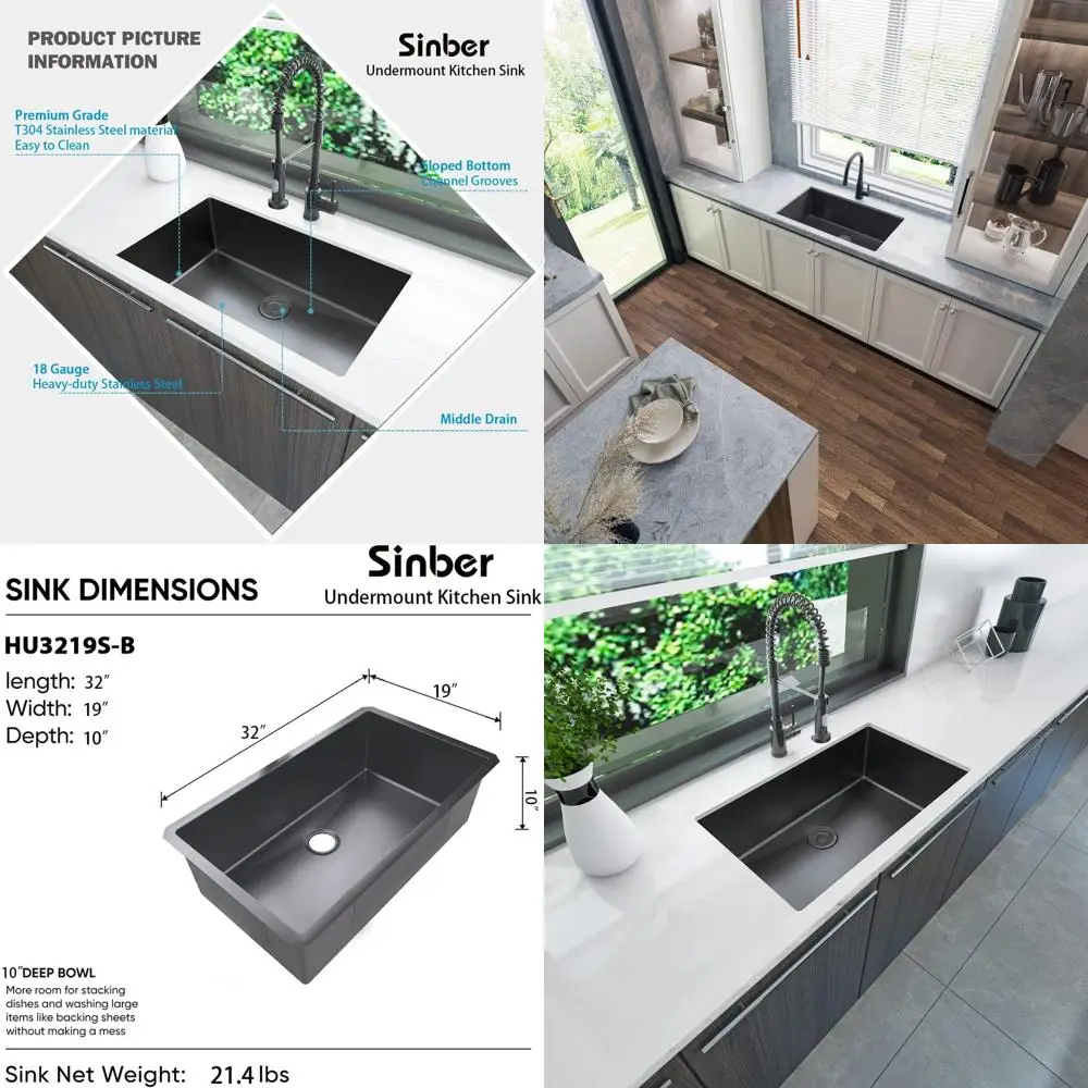 

Кухонная мойка подстольного монтажа, 32 x 19 x 10, из нержавеющей стали 304 (18 калибр), черная отделка