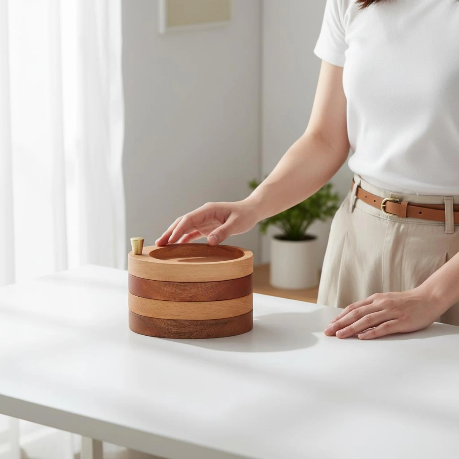 

Oval Wood Jewelry Box Gold-Colored Knob Tabletop Decor Home Storage Compact