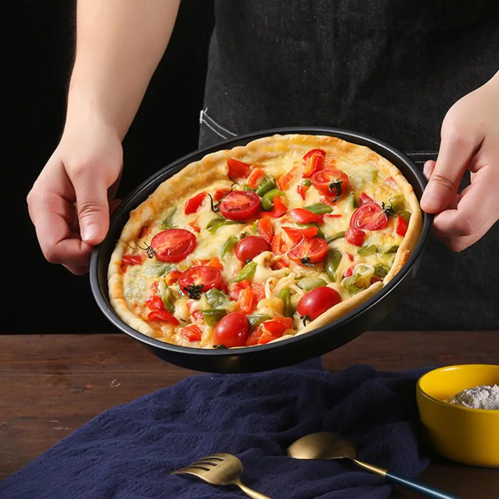 Pizza Pan Heat-resistant Carbon Steel Pizza Bake Crisper Pan Non-stick Round Baking Tray Reusable No Deforming Tray Mold