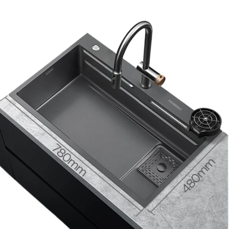 

*Kitchen Handmade Sink Black Titanium Nano 304 Stainless Steel Piaoyu Waterfall Single Sink