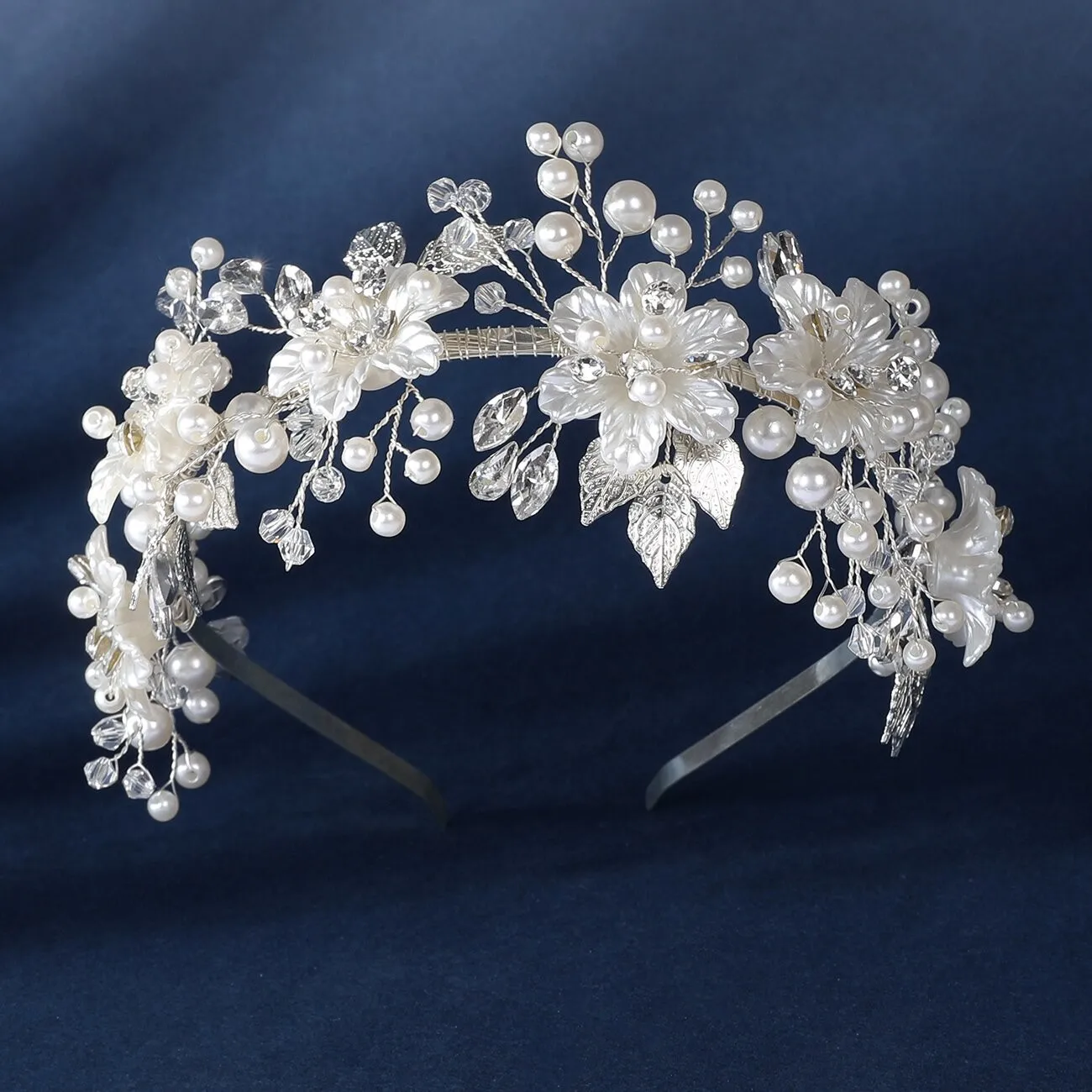 SLBRIDAL Handgefertigte Kristall-Strass-Perlen Blumen-Blatt Braut-Tiara Stirnband Hochzeitskrone Haaraccessoires Damen Mädchen Schmuck – Detail 2