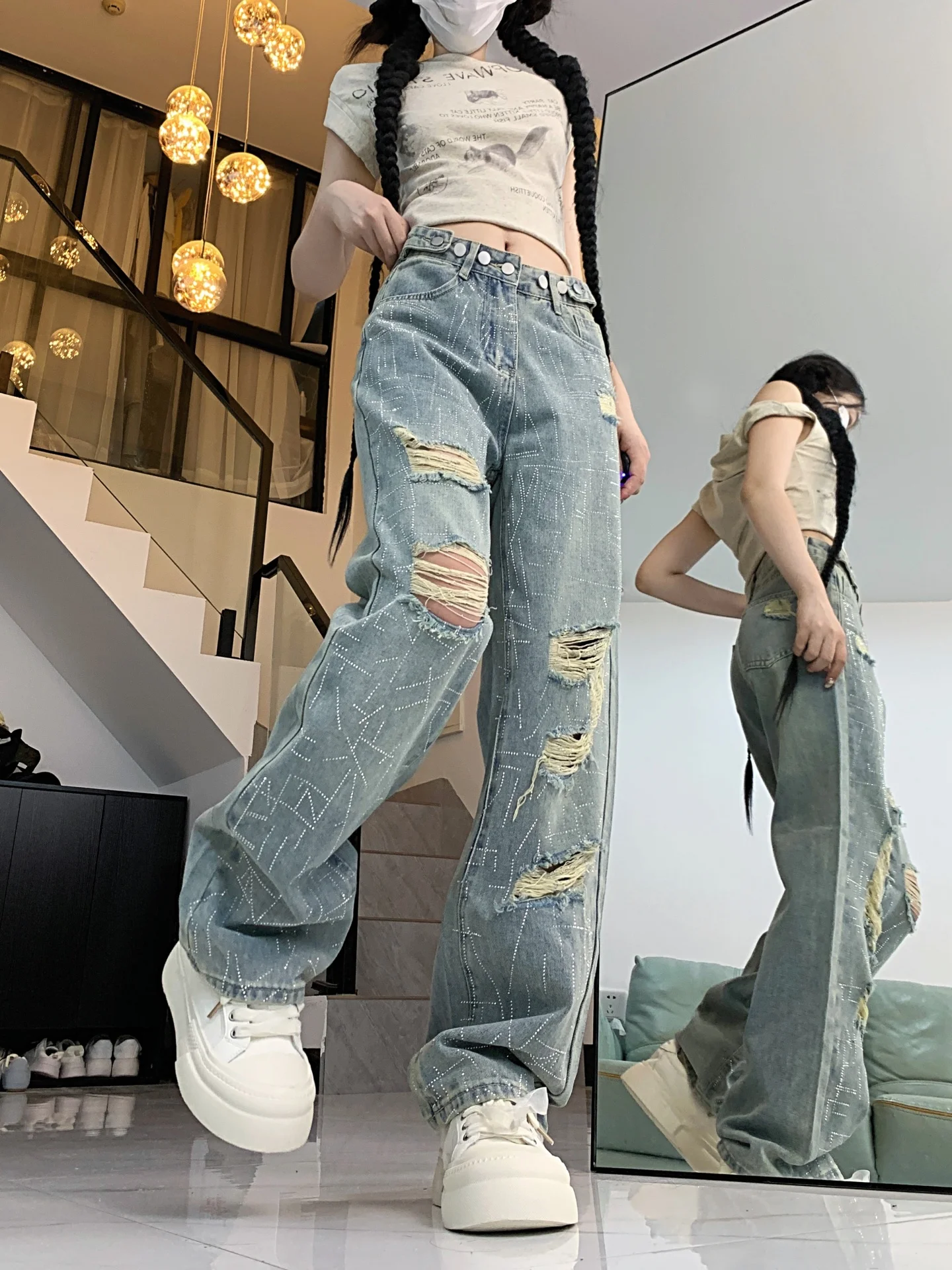 ハイウエストワイドレッグジーンズ レディース ストレートカットデニムパンツ 秋新作 スリープラスサイズ ウェイドアウトホールドリル カジュアルパンツ