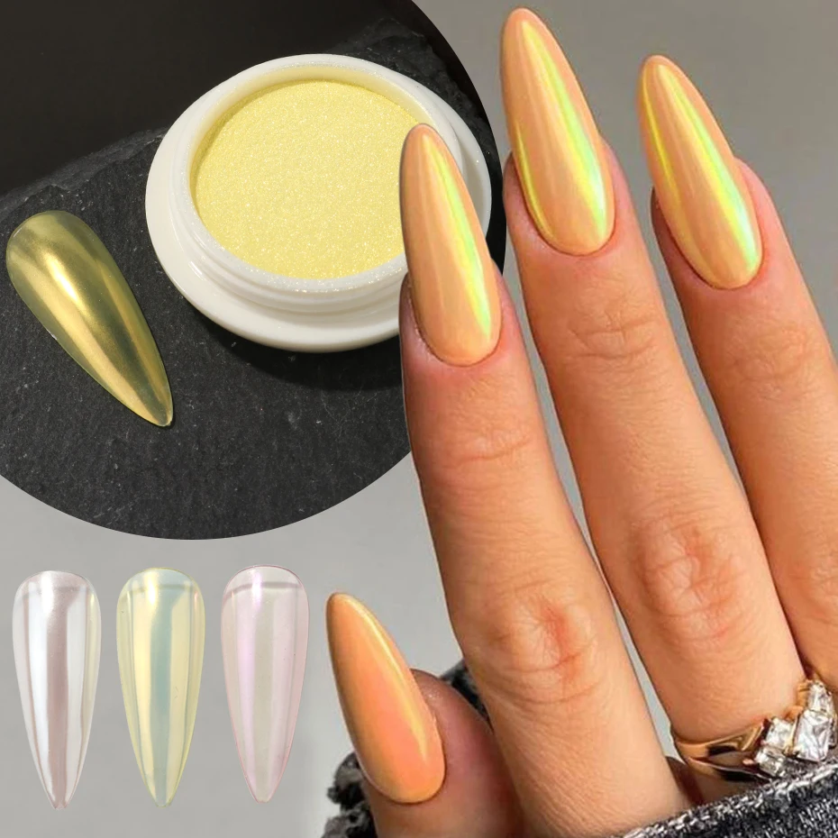 Aurora สีชมพู Chrome Nail Art Powder ไข่มุกสีขาวสีเหลือง METALLIC Mirror Glitter สําหรับเล็บฤดูใบไม้ร่วงฤดูหนาวเล็บเจลเล็บ