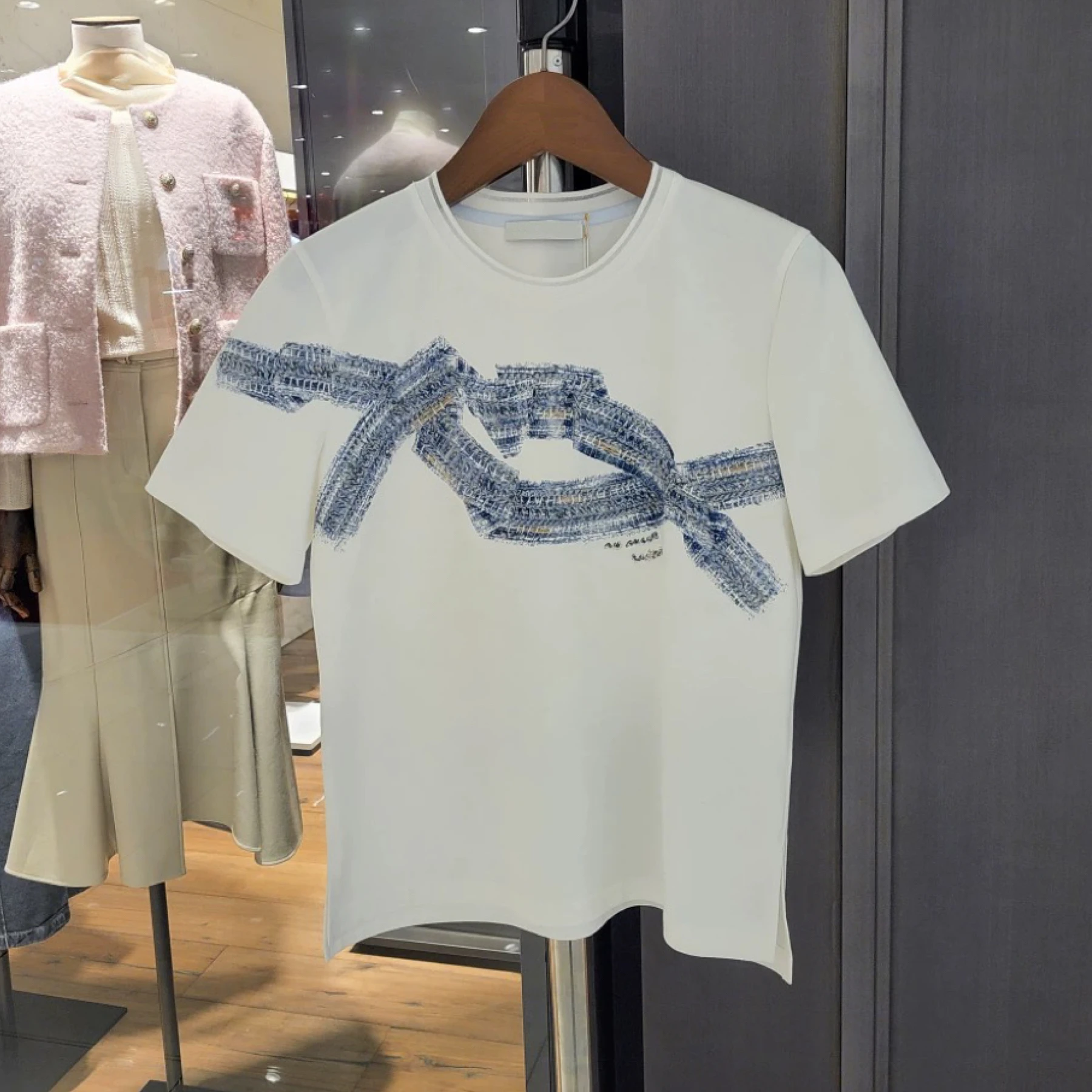 

Korean Single M*CHAA 25 Summer Heavyweight round Ne iny Embroidery Commute Versatile Slimming Pure Cotton ort Sve T