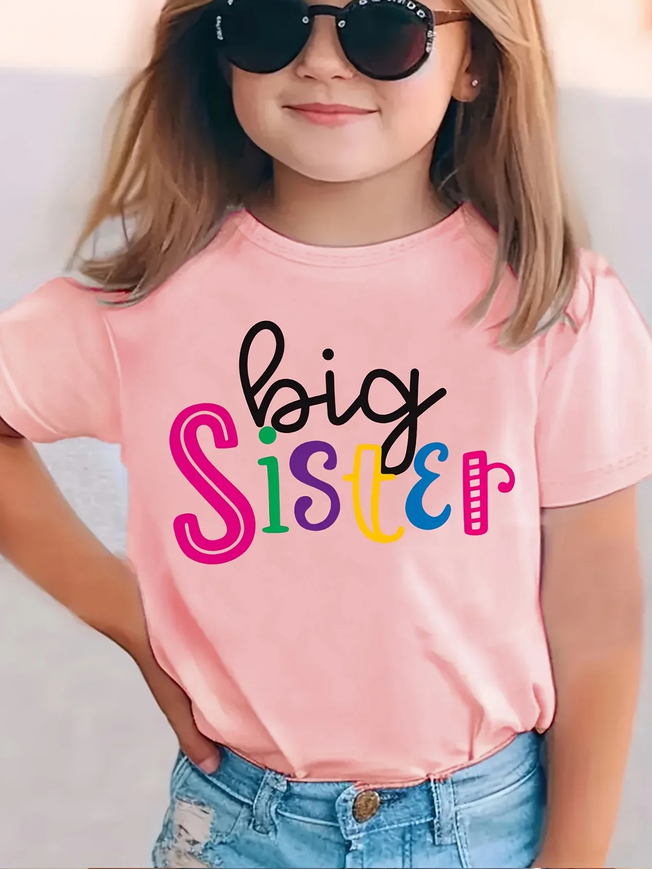 Colorful Big Sister Letter Graphic Kids T Shirt Short Sleeve Sibling Reveal Print Girls Summer Holiday Tee Tops