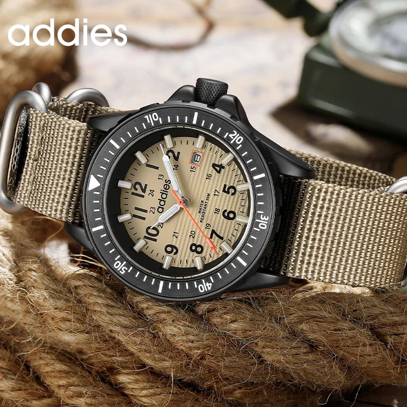 ADDIES Men Military Outdoor Quartz Watch, 41mm Nylon Strap, 50M Water Resistance, Tubular Luminous Display Sports Wristwatch