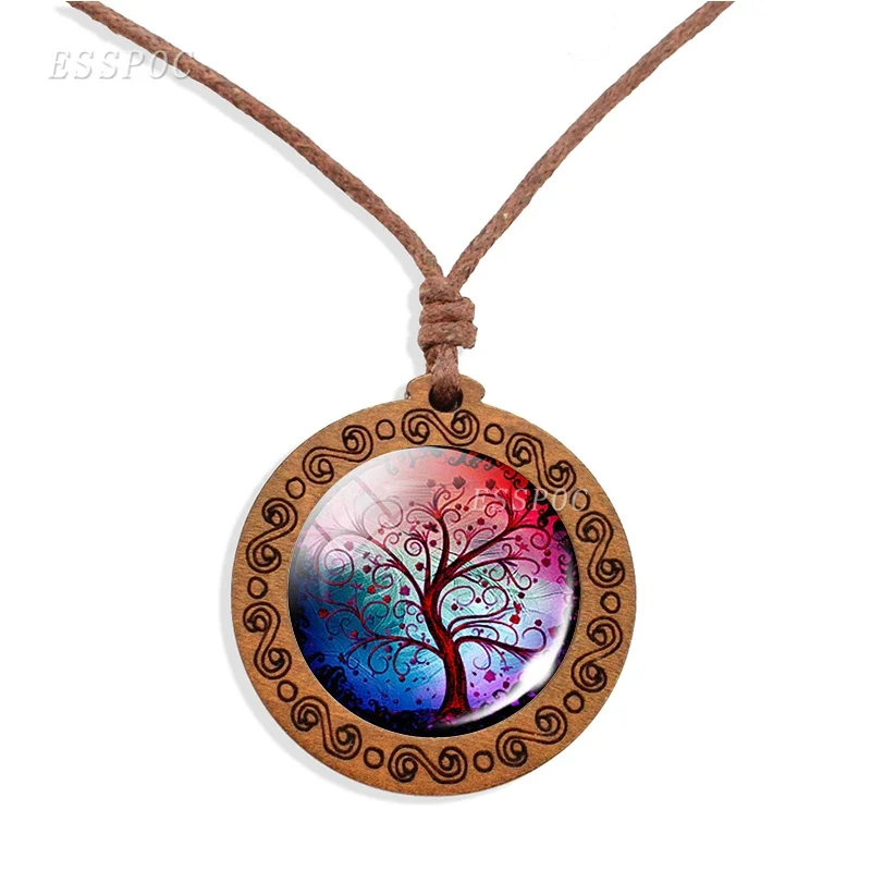 Tree of Life Wooden Necklace Cabochon Glass Wood Pendant Women Family Life Tree Art Jewelry Wax Rope Chain Necklaces Gift