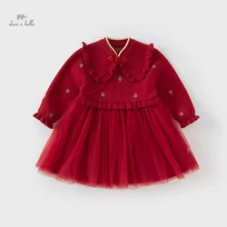 Dave Bella Princess Dress Girls Baby Children 2024 New Autumn Winter Charm Cute Red Fashion Long Sleeved Party Dress DB4243306