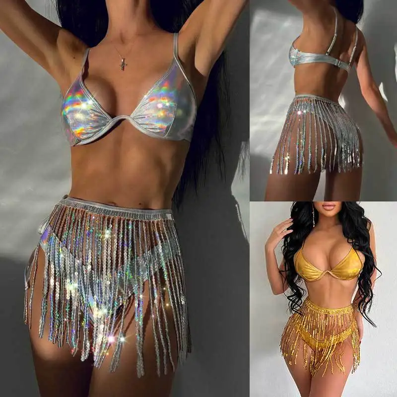 

2024 New Euro-american Three-point Bikini Sequin Fringed Skirt Swimsuit Fringe Trim Tie Backless Halter Top & Knot Side Party