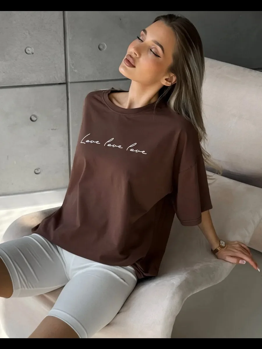 Atasan Wanita Kasual Nyaman Bahan Katun dengan Cetakan Huruf, Model Longgar, Cocok untuk Musim Panas, Gaya Santai untuk Kerja