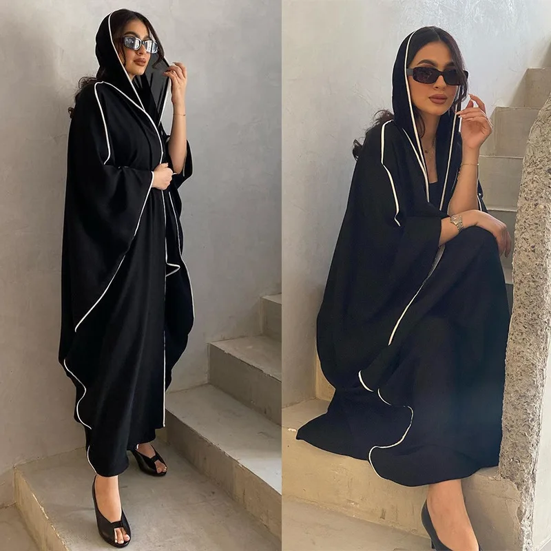 Women's Long Robe Fashion Stripe Patchwork Hijab Dubai Arab Black Cardigan Robe 2025 Spring New