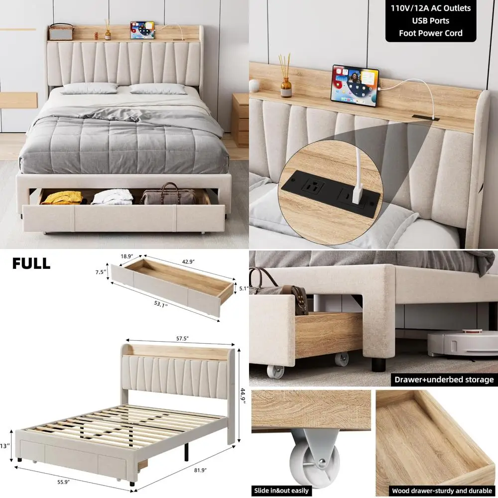 

Wooden Full-Size Bed Frame with Storage Headboard and Charging Station, Metal Platform Bed