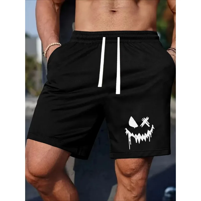 

Loose elastic band with drawstring suitable for daily wear, men's summer fashion emoji printed casual shorts