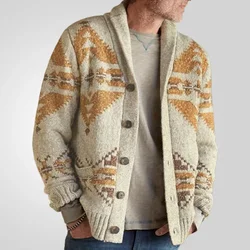 Coat Men Cardigan Sweaters Turn Down Collar Single Breasted Splice Thick Print Coats Open Stitch Autumn Winter Outerwear