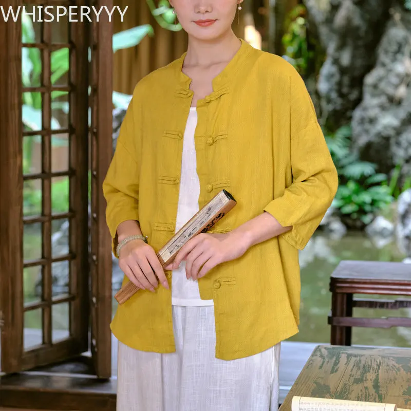 

Chinese Style Zen Shirt Women 2023 Cotton Hemp Women's New Retro Kung Fu Top Cardigan Traditional Chinese Costumes Spring Summer