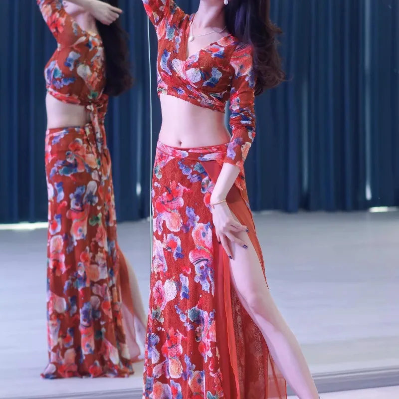 customized Pumpkin colored lace mesh double layered large swing skirt one-piece belly dance costume East