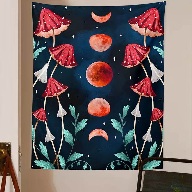 Psychedelic Moon phase Tapestry Wall Hanging Mycology Mushroom Starry Sky Moon Phase Floral Tapestries Home Wall Art Boho Decor