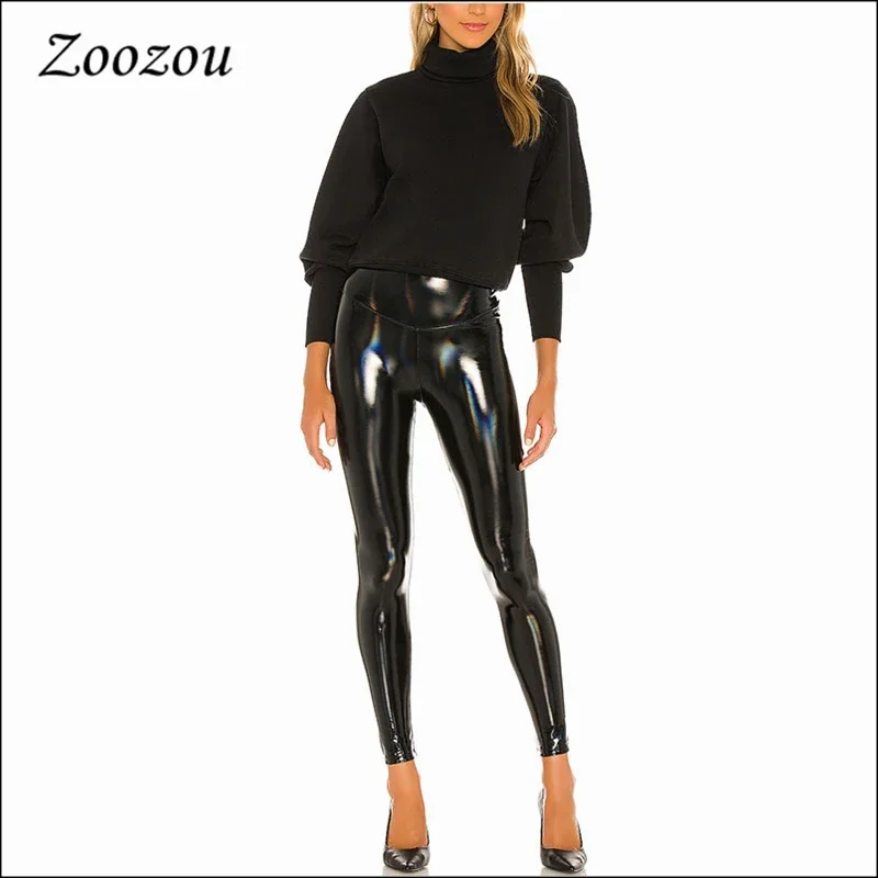 Warm PU Latex Leggings for Women High Waist Skinny Trousers Sexy Bodycon Black Slim Leather Pencil Pants Custom Wool