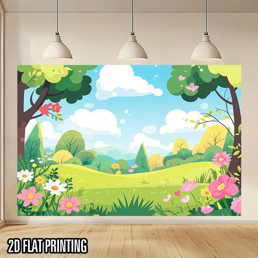 2D Flat, 1pc Large Meadow & Pastel Rainbow Flower Wall Mural Banner - UV Printed Durable, Green Blue Pink Yellow Turquoise Sky B