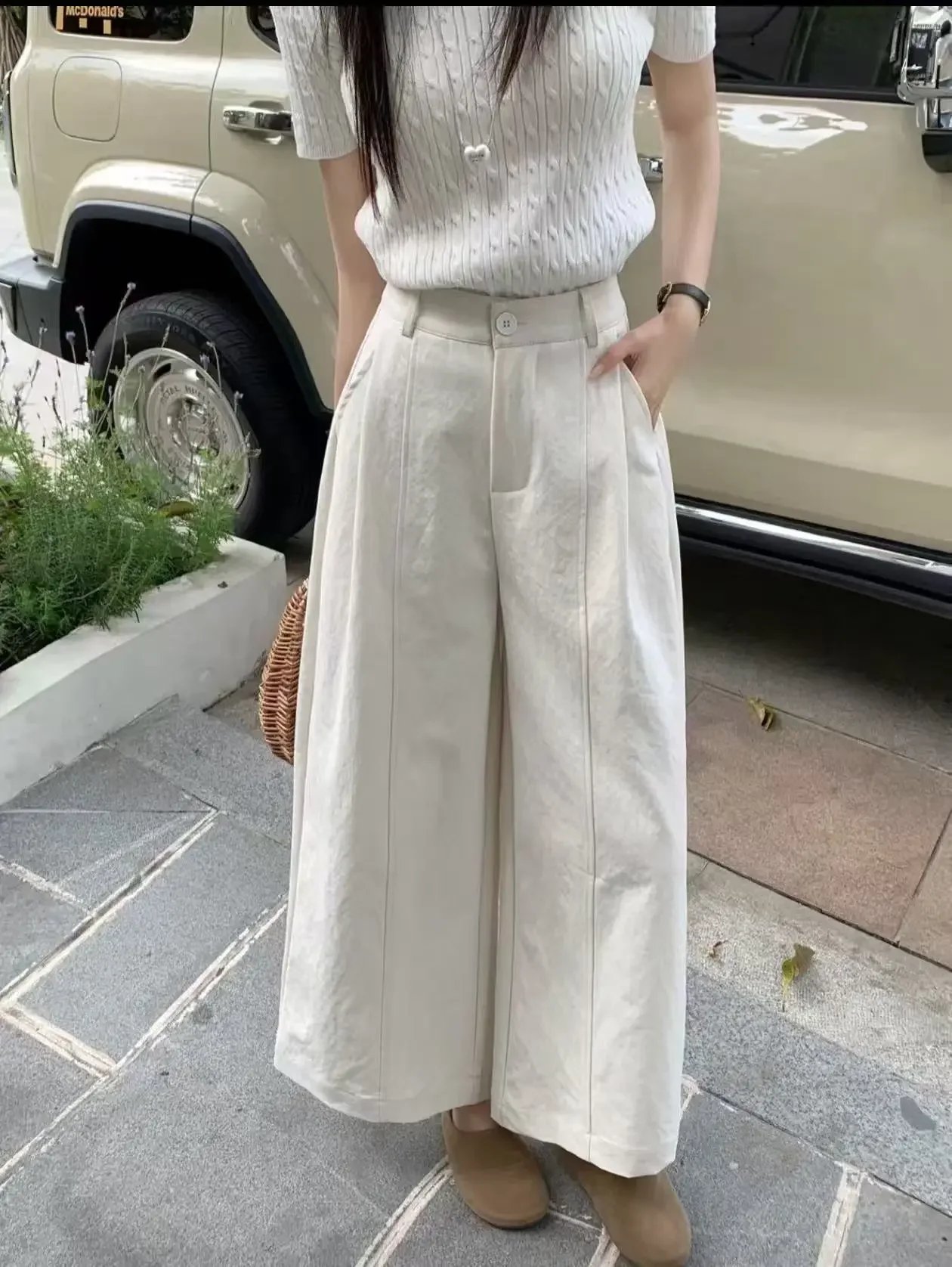 Hochwertige, lockere, vielseitige Damenhose in Khaki, koreanischer Stil, hohe Taille, gerades Bein, lässige, weit geschnittene, vielseitige Hose – Detail 3
