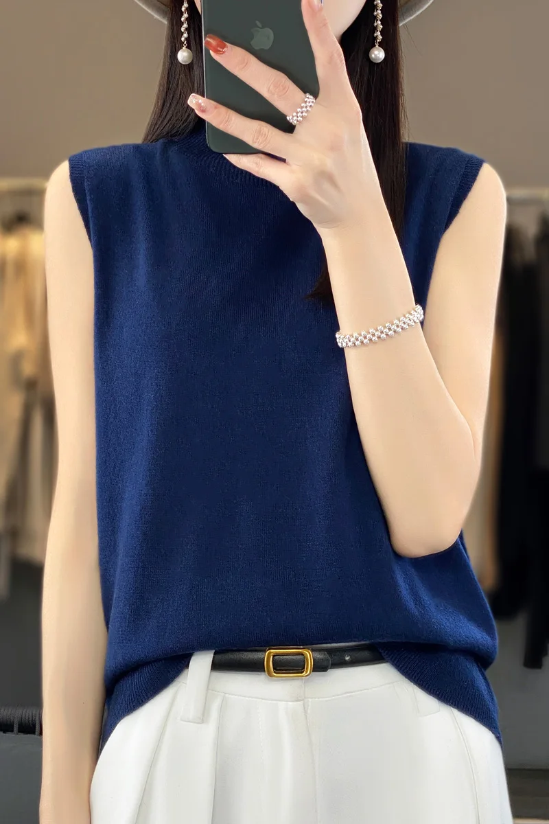 2024 New Spring Summer New Mock Neck Cashmere vest Women sleeveless Cashmere vest Knitted vest Women