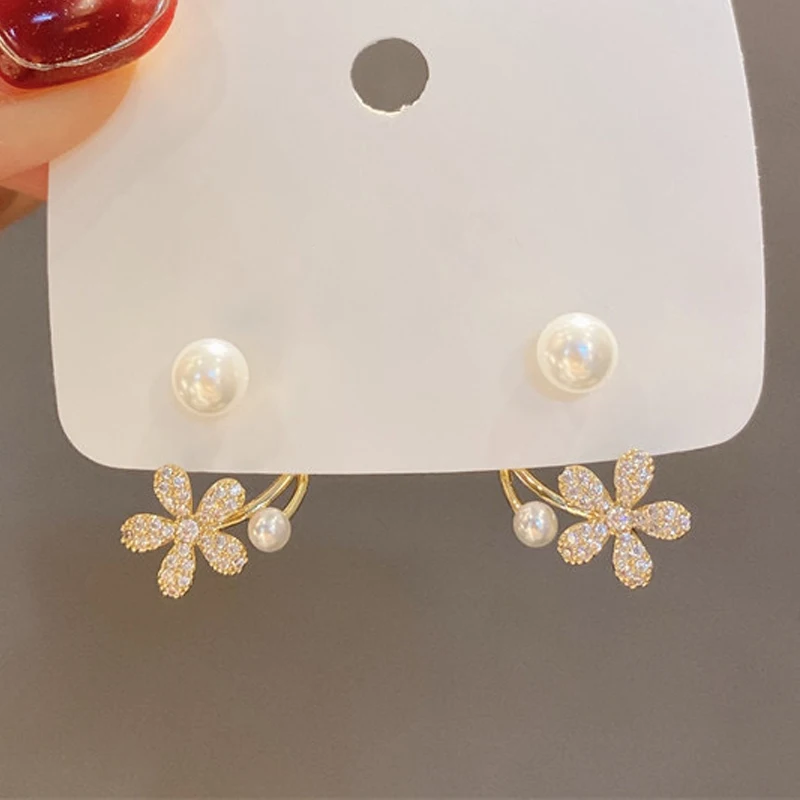Twist U Shape Flower Drop Earrings for Women Inimation Pearl Crystal Small Earrings Party Girls Cute Sweet Eleagnt Jewelry Gift