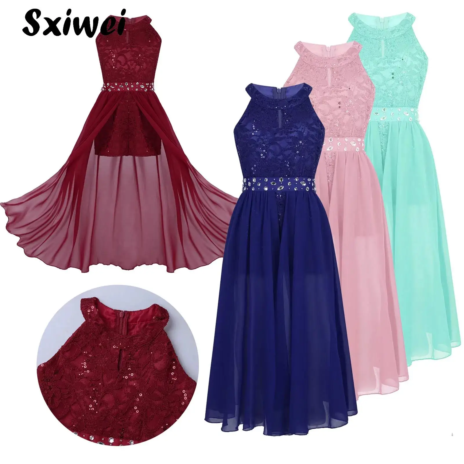 

Kids Wedding Flower Girls Party Dress Sleeveless Sequin Floral Lace Elegant Chiffon Romper Dress for Pageant Birthday Wedding