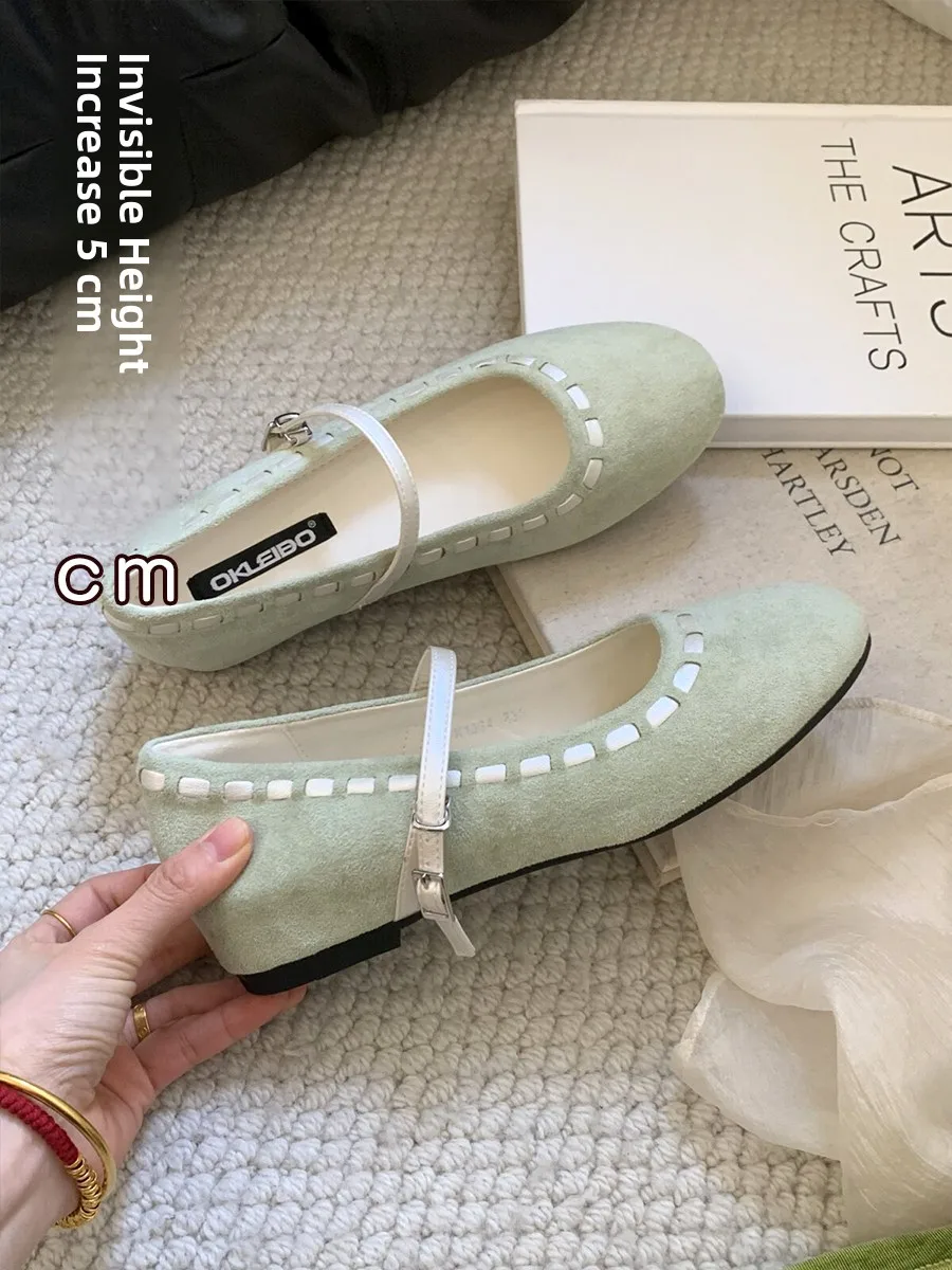 

Green Mary Jane Shoes with Flower Design Women's Increased Height Slip-On Ballet Flats Leather Lined Glue-Welded Rubber Soles