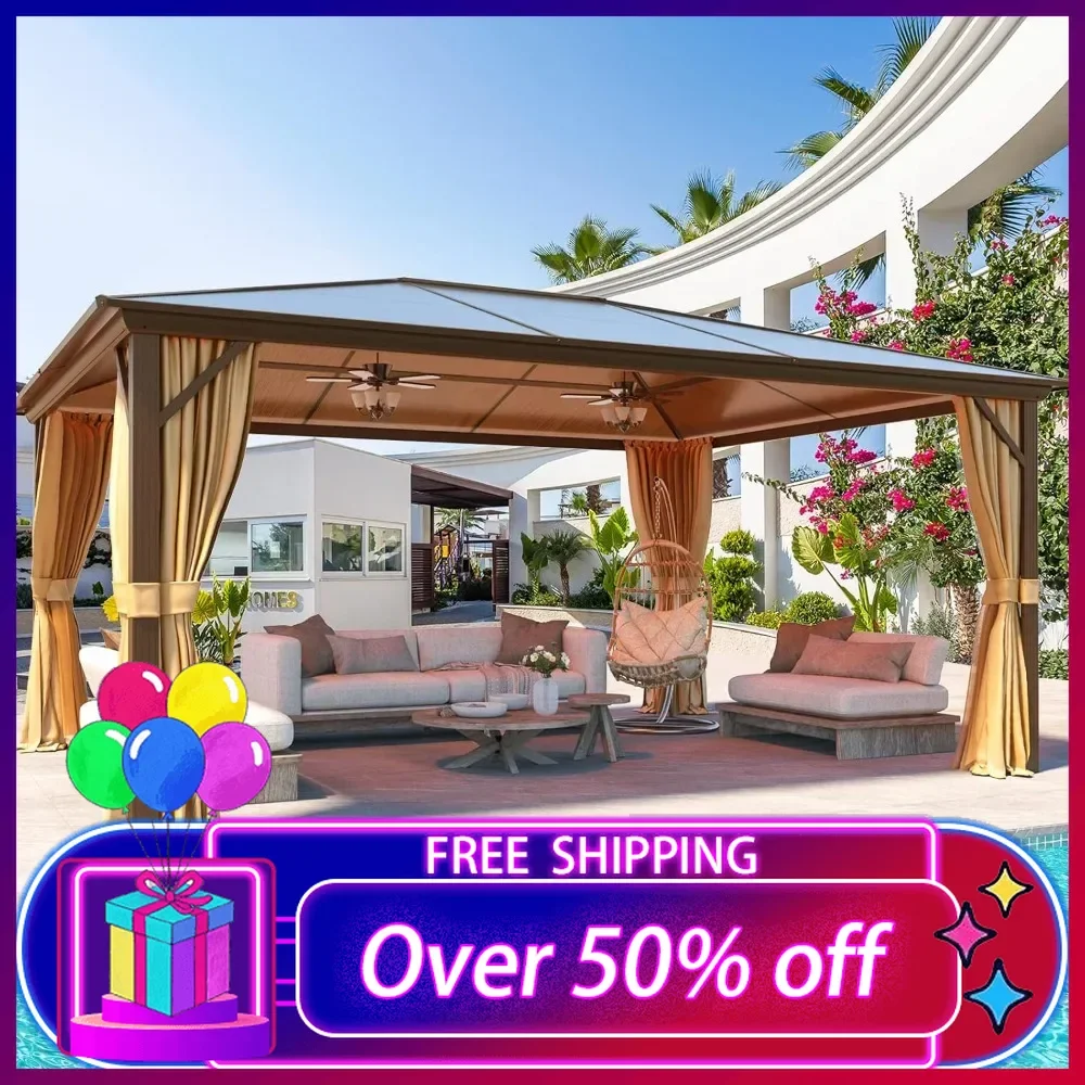 

12'x16' Hardtop Gazebo, Outdoor Polycarbonate Roof Canopy, Aluminum Frame Permanent Pavilion with Curtains and Netting, Sunshade