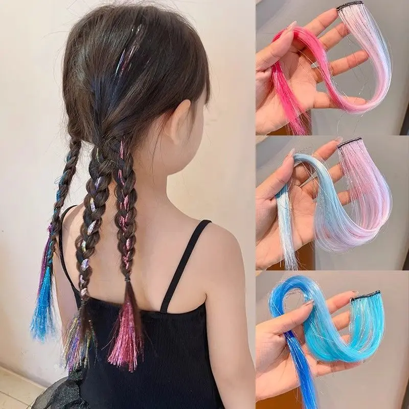 

Girl gradient colored shiny silk wig with seamless hair extensions and braided hair cords for children's headwear