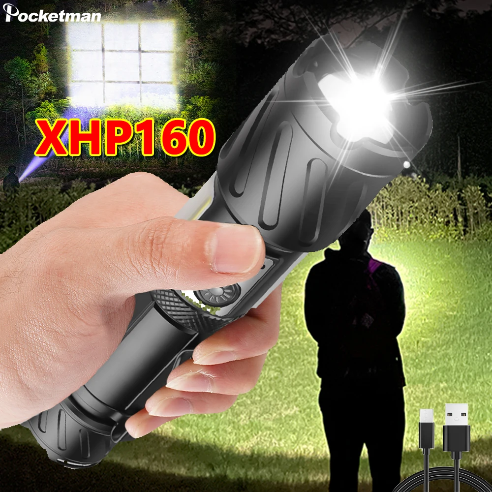 

High Power XHP160 LED Flashlight Zoomable Type-C Rechargeable Camping Torch Waterproof 18650 Power Bank Tactical Lantern Fishing