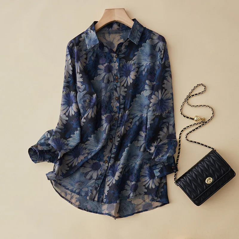 

Cotton and Linen Long-sleeved Shirt Women's Spring Retro Printed Temperament Shirt Loose Casual Linen Top