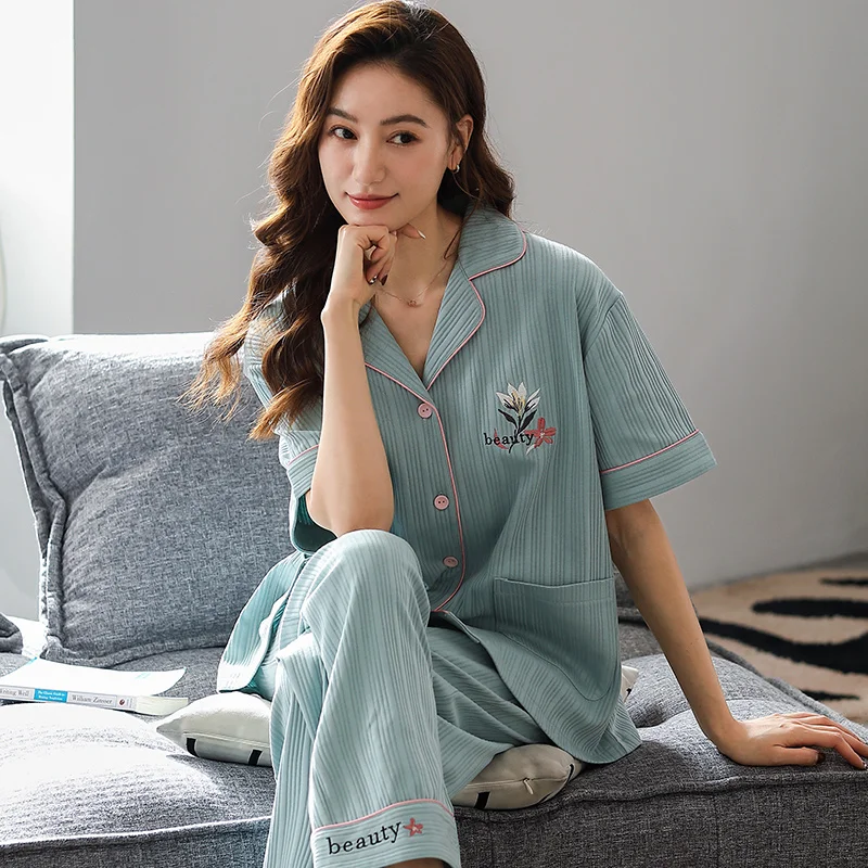 Summer full pure cotton short-sleeved long trousers ladies pajamas suit big yards small floral sleepwear women's home nightwear