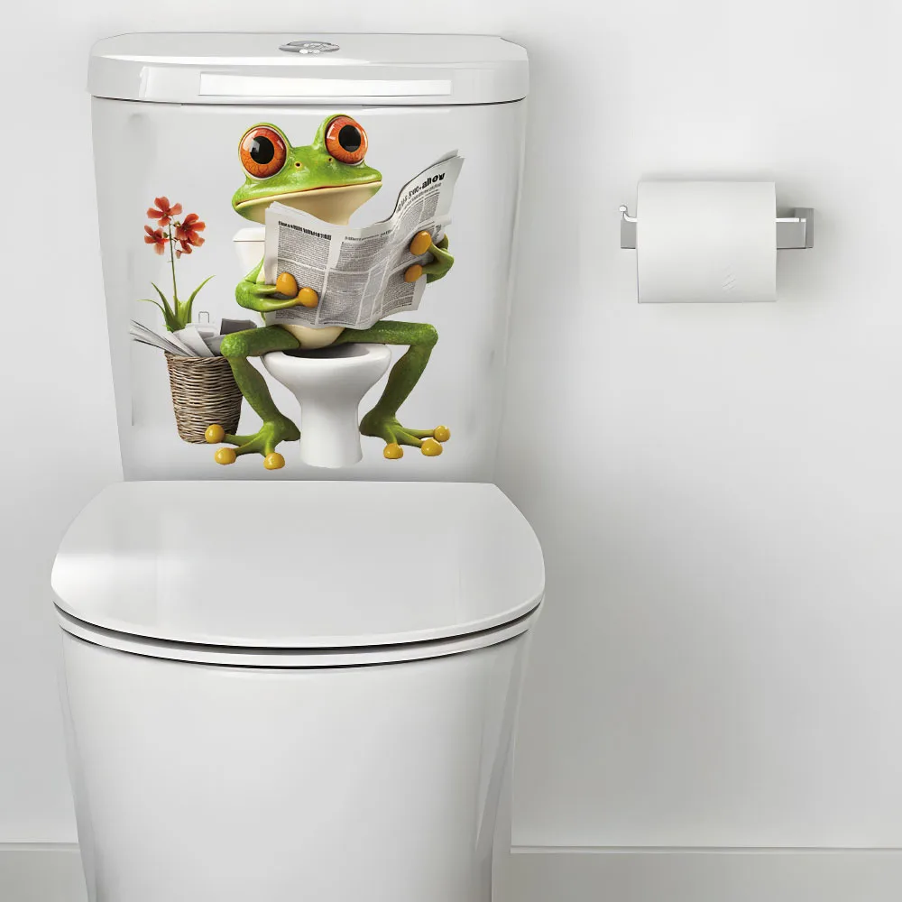 1PC Funny Frog Reading Newspaper Toilet Sticker, Bathroom Creative Decor Self-Adhesive Decal