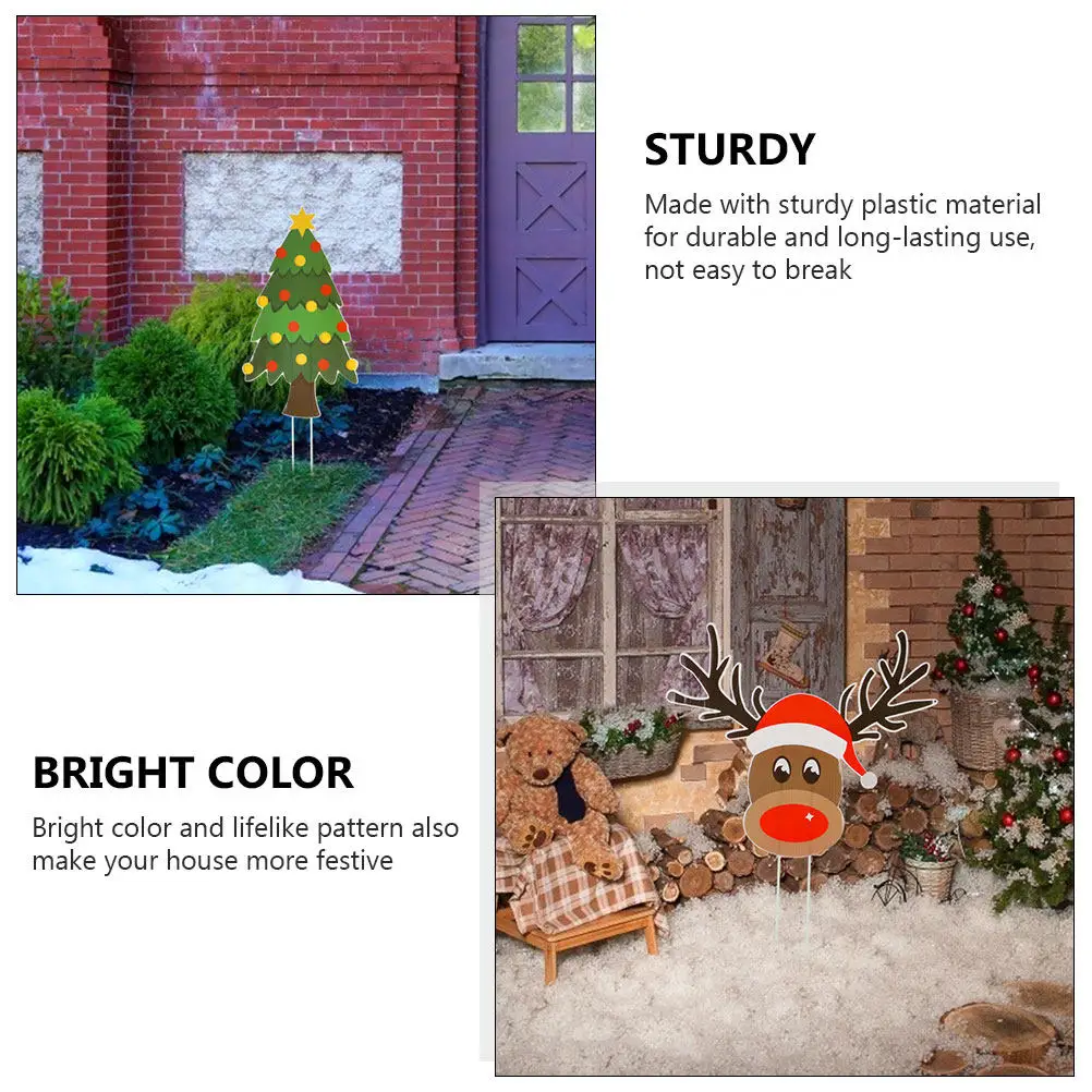 5Pcs Christmas Yard Signs Set Santa Tree Elk Leg Square Frame Sturdy Plastic Outdoor Lawn Garden Decor Festive Party Display