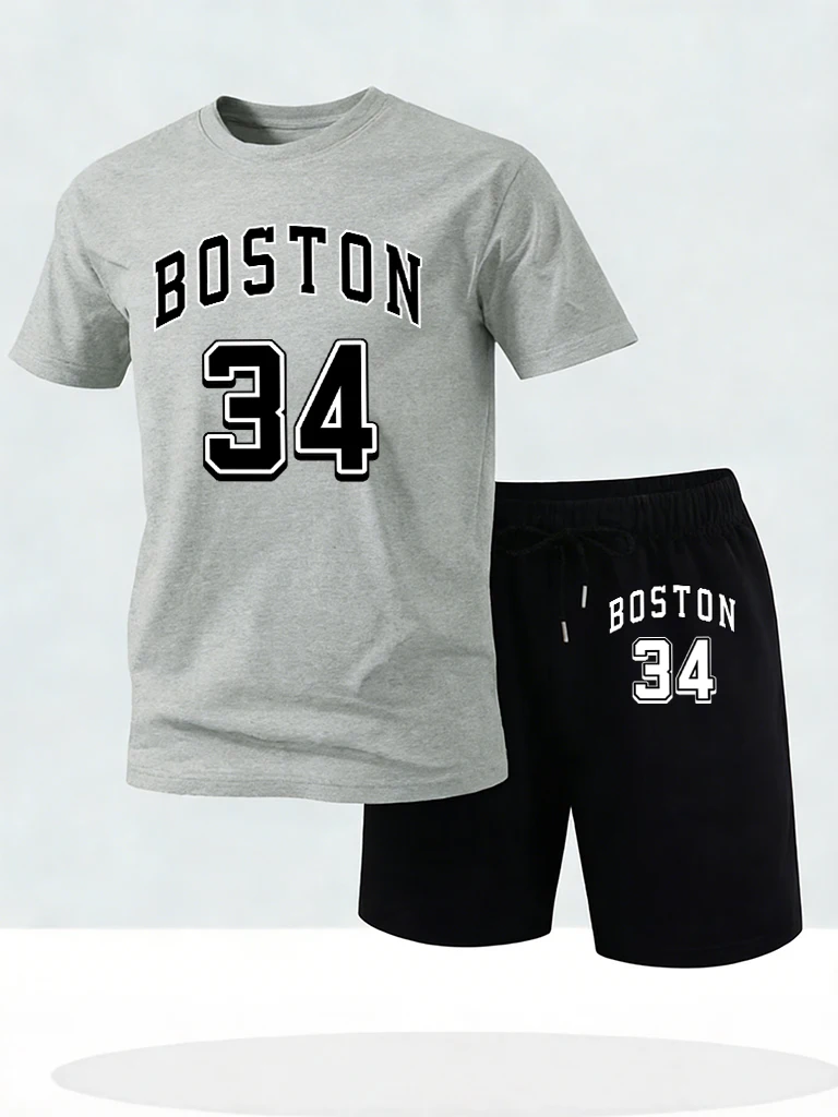 

Boston 34 Art Letter Print Cotton Simple All-Match Sportswear Casual Classic Short Of Male 2 Piece Set Jogging Summer Sportpants