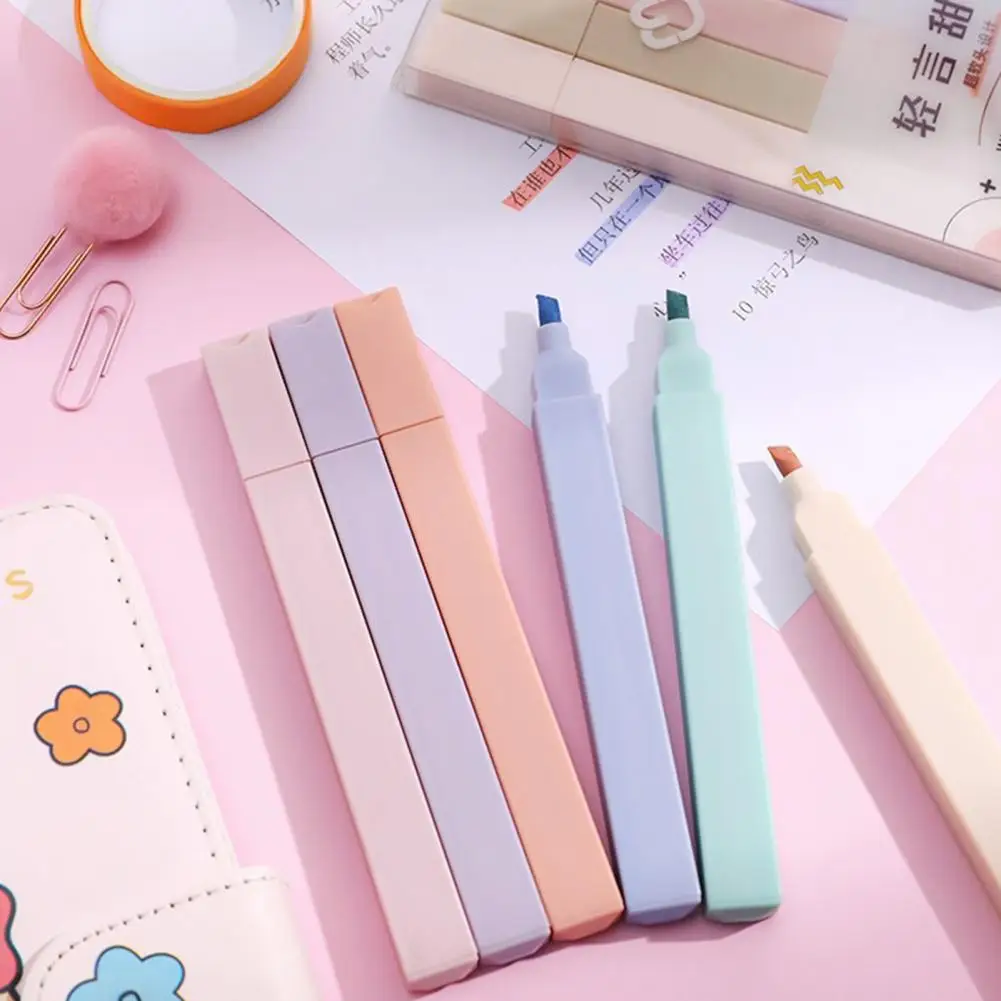 Resaltadores de colores Pastel de agarre cómodo, bolígrafos fluorescentes de punta suave para estudiantes, juego de rotuladores de colores de barril cuadrado, 6
