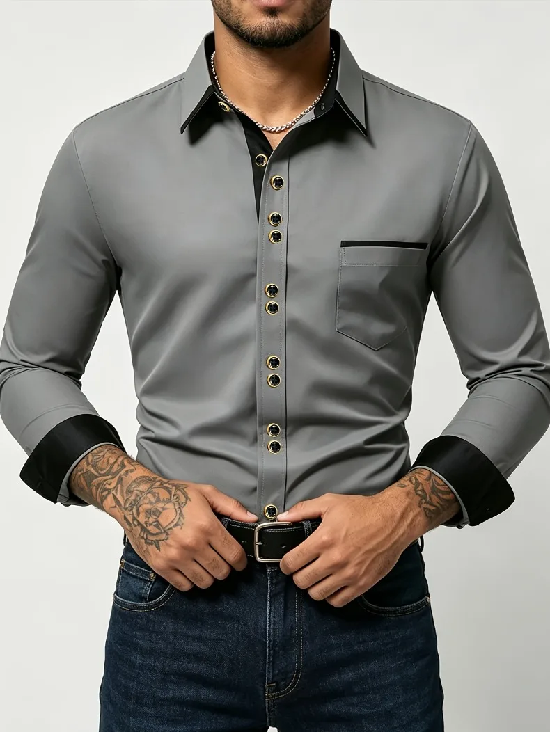 FGKKS Herrenhemd Brandneues Herren-Modehemd in Mehrfarbigem Patchwork-Design mit Langen Ärmeln und Elastischem Bund Smart Casual Männerhemd in Weiß – Detail 5