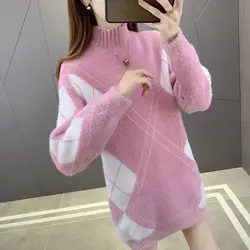 Autumn Winter Women's Clothing Contrast Color Half High Collar Geometric Lantern Long Sleeve Pullover Sweater Knitted Tops