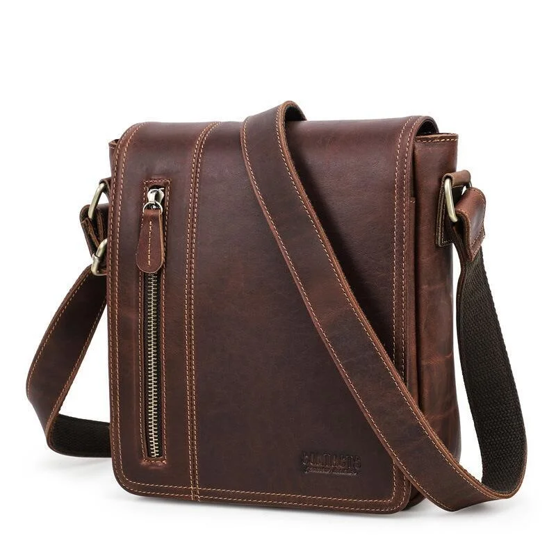 Business Men's Shoulder Bag Crazy Horse Leather Messenger Bags Genuine Leather Male Small Crossbody Bag Flap For 7.9 inch iPad