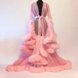 Fluffy Sleeve Cocktail Party Dress Women Bath Party Dress See-through Wedding Night Nightdress Translucent Bathrobe Mesh Dress