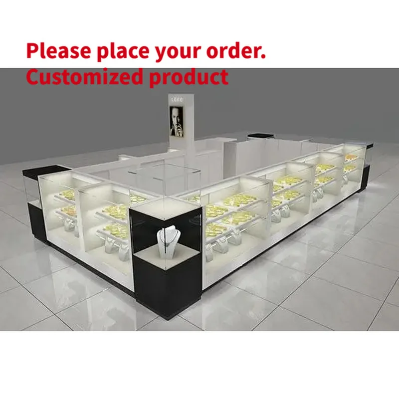 custom.Modern Black and White Jewelry Mall Kiosk Design Custom Retail Jewelry Display Island Showcase with LED