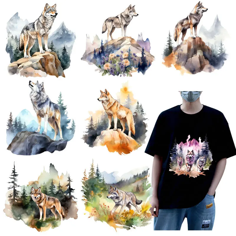 Ink wash style natural scenery Transfers Wild Wolf Painting Vinyl Heat Transfer Patch For Clothes Applique Stickers