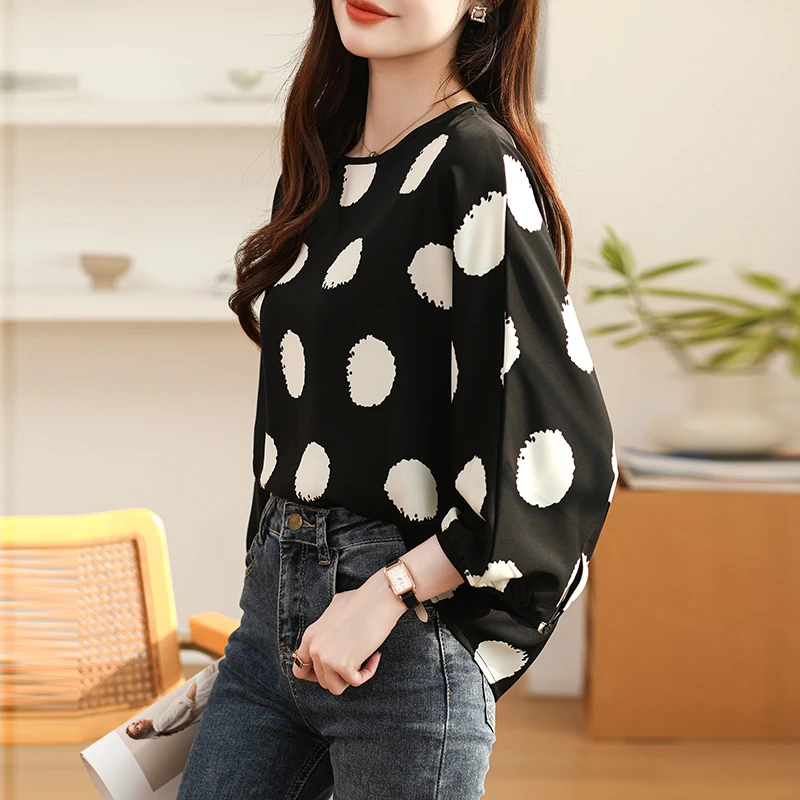 Women Spring Korean Loose Simplicity Polka Dot Chiffon O-neck Pullover 3/4 Sleeve Shirts Women Clothes Casual All-match Tops