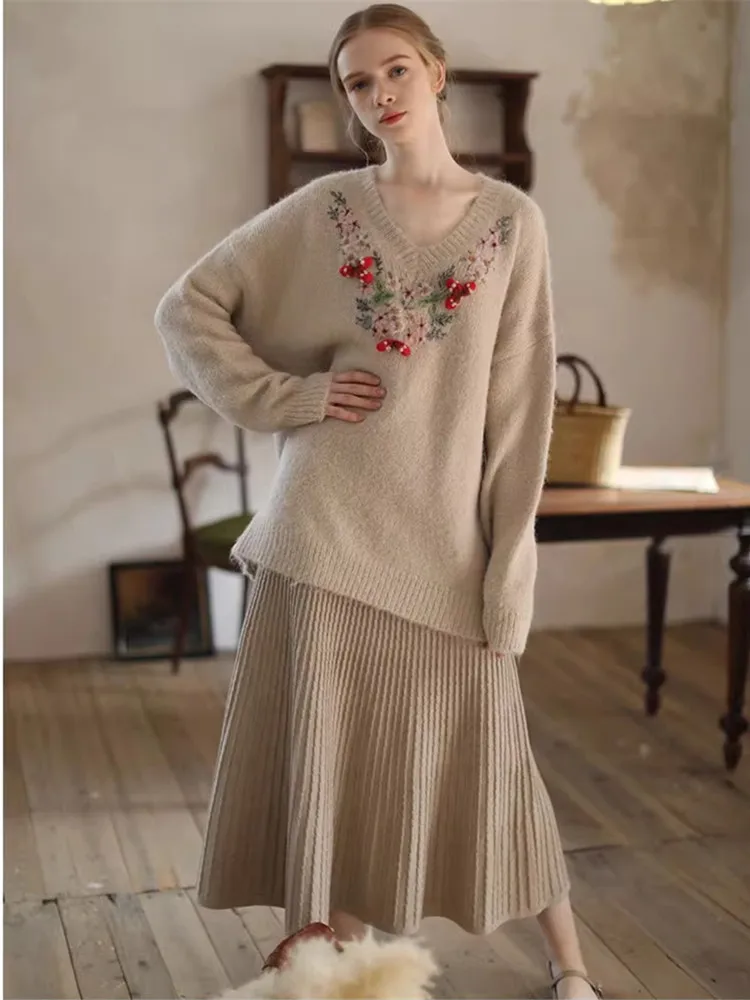 AIGYPTOS Fall Winter Warm Wool Knitted Sweater Women Korean Fashion Handmade Embroidery Floral V-Neck Oversized Pullover Sweater