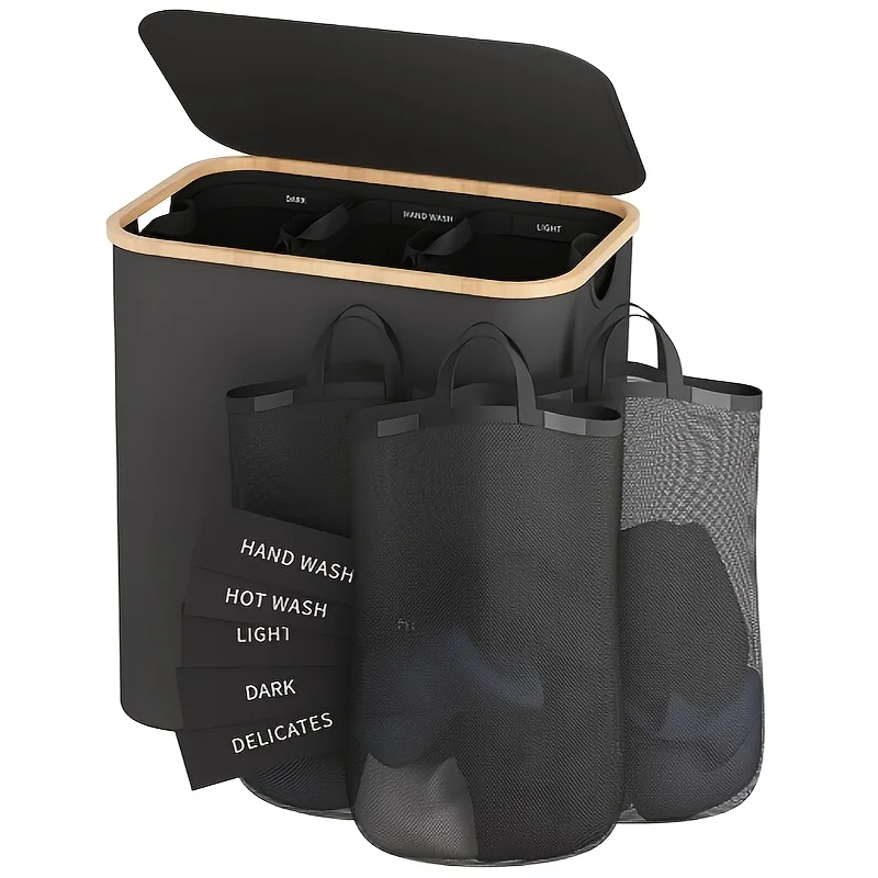 Panier à linge pliable 160L à 3 compartiments avec couvercle, panier de tri des vêtements avec 3 sacs en filet amovibles et lavables, organisateur de vêtements sales avec bord en bambou, bac de tri de grande capacité pour chambre, salle de bain, buanderie, rangement de vêtements robuste et pliable