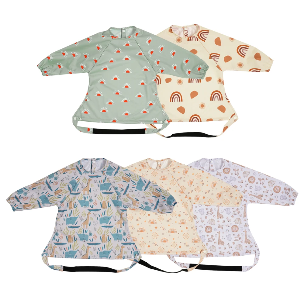 HappyFlute New One Piece Table Use Polyester Waterproof New Printed Snap Buttons Design Long Sleeve Mess Proof Baby Feeding Bibs